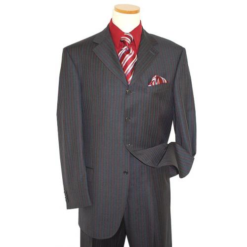 Extrema by Zanetti Charcoal Grey with Cranberry/Navy Blue Pinstripes Super 150's Wool Suit